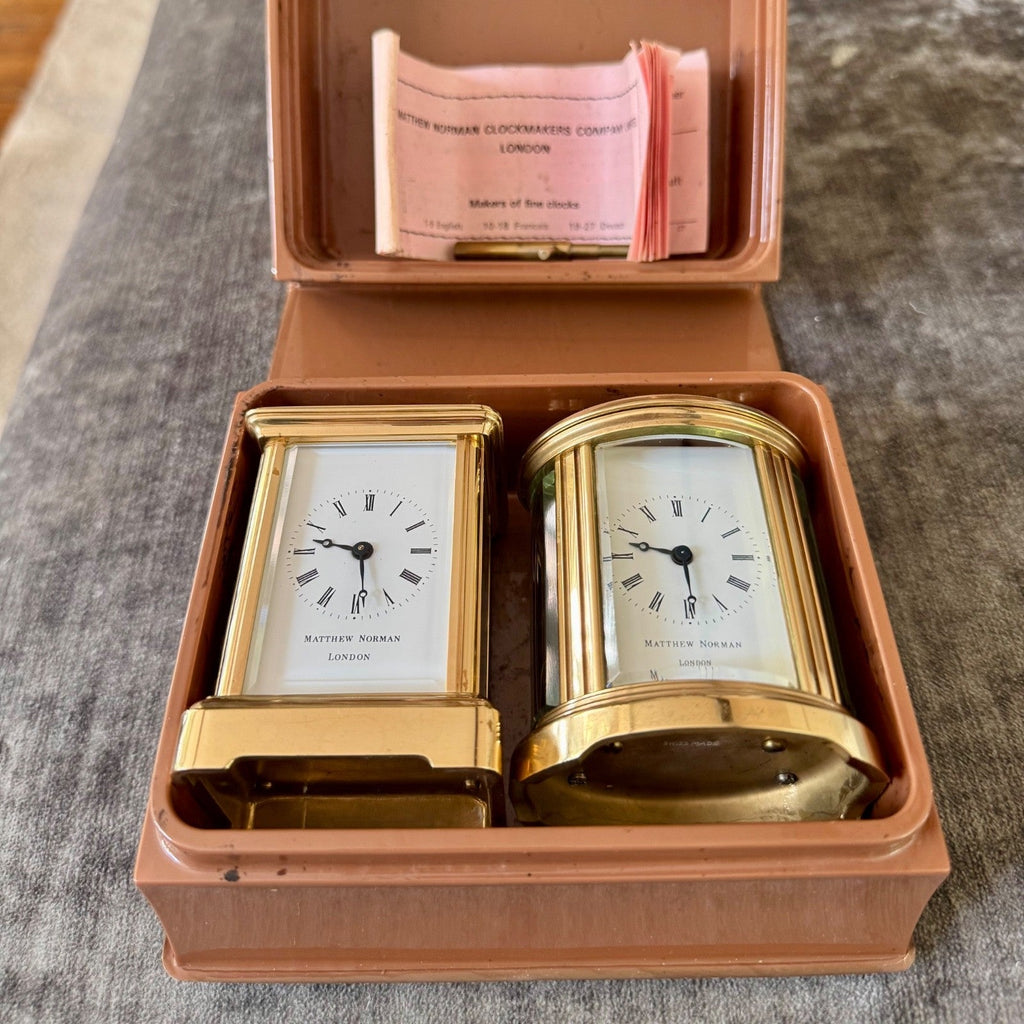 Pair Matthew Norman Miniature Swiss Carriage Clocks Boxed 1977 Serviced - Mahn and Co Clock Repairs