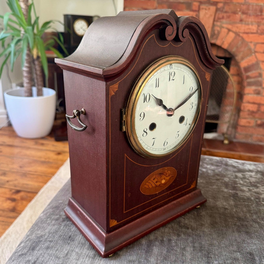 PHS German Mahogany Mantel Clock Fully Serviced Gong Strike c1930 - Mahn and Co Clock Repairs