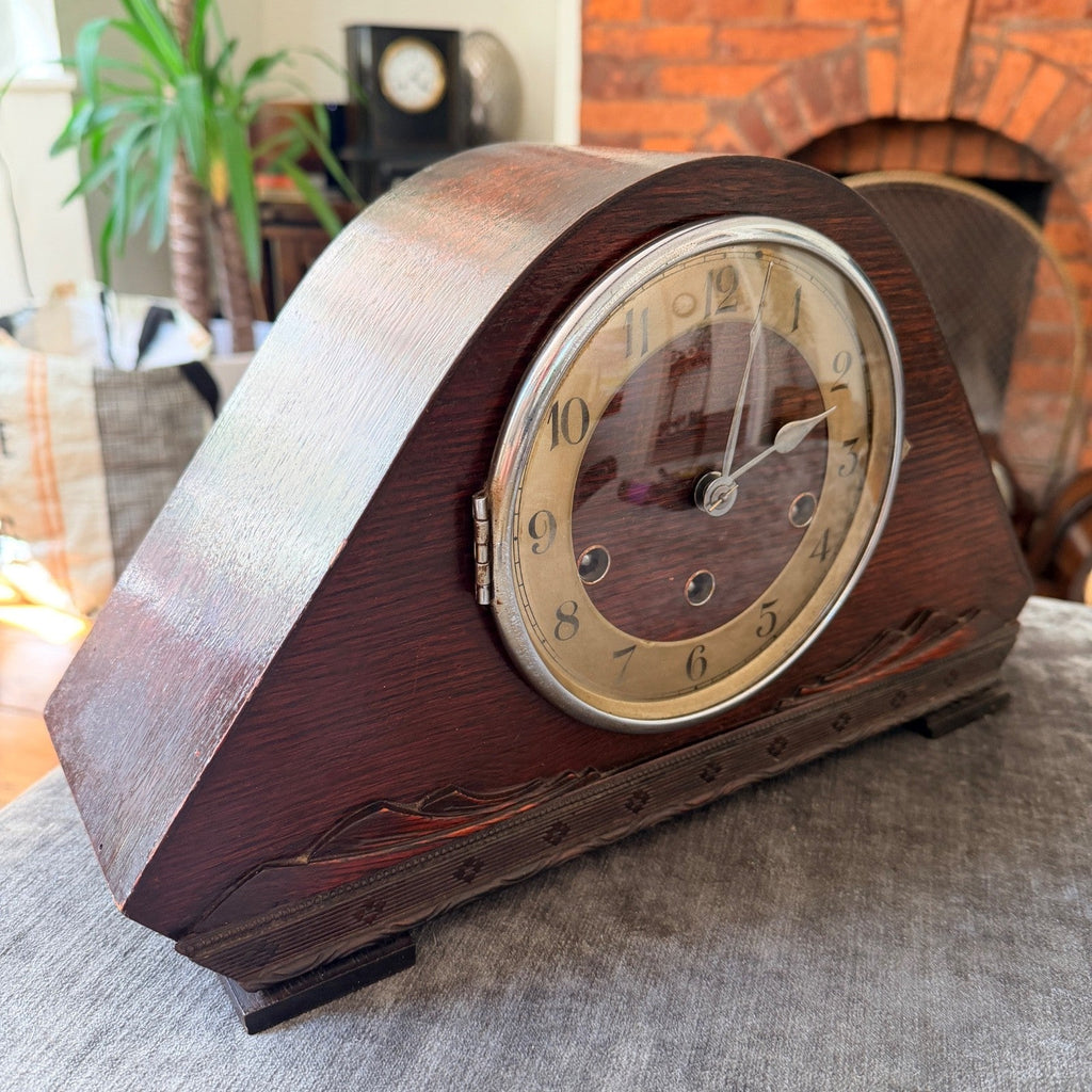 Restored 1930s Art Deco Westminster Chime Mantel Clock Alpine Carved Case - Mahn and Co Clock Repairs