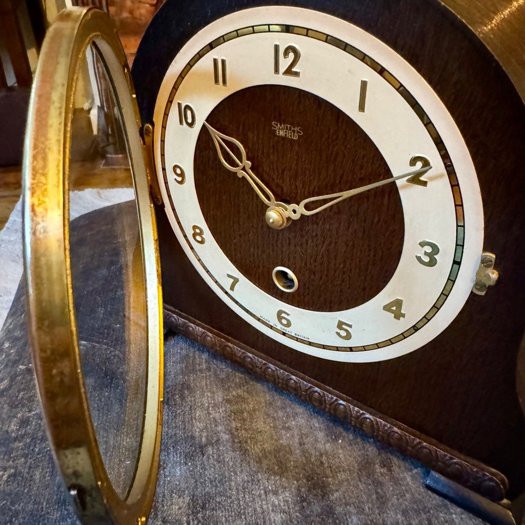 Smiths Enfield Battersea Mantel Clock 1950s Oak Serviced Mechanical Pendulum - Mahn and Co Clock Repairs