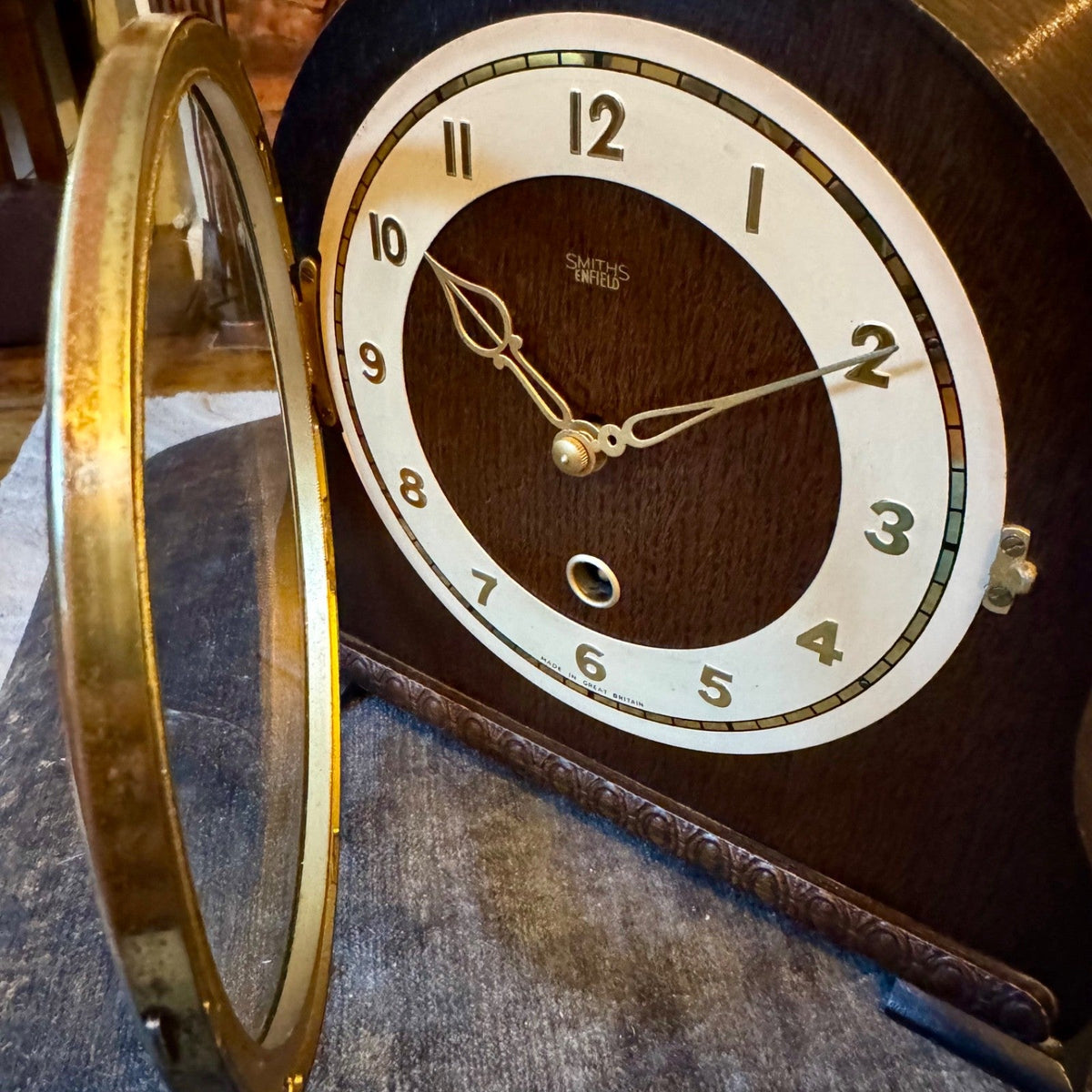 Smiths Enfield Battersea Mantel Clock 1950s Oak Serviced Mechanical Pendulum - Mahn and Co Clock Repairs