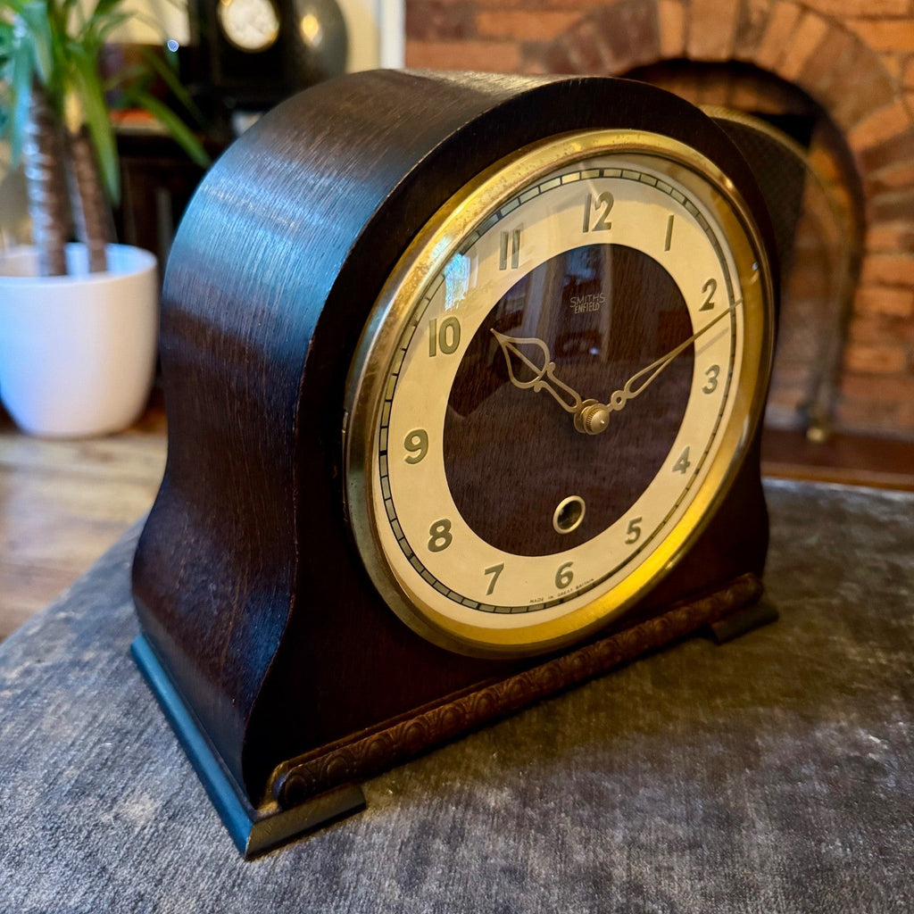 Smiths Enfield Battersea Mantel Clock 1950s Oak Serviced Mechanical Pendulum - Mahn and Co Clock Repairs