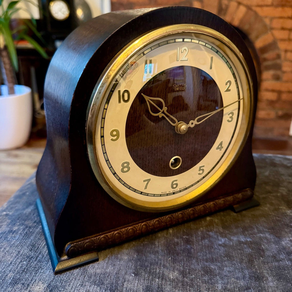 Smiths Enfield Battersea Mantel Clock 1950s Oak Serviced Mechanical Pendulum - Mahn and Co Clock Repairs