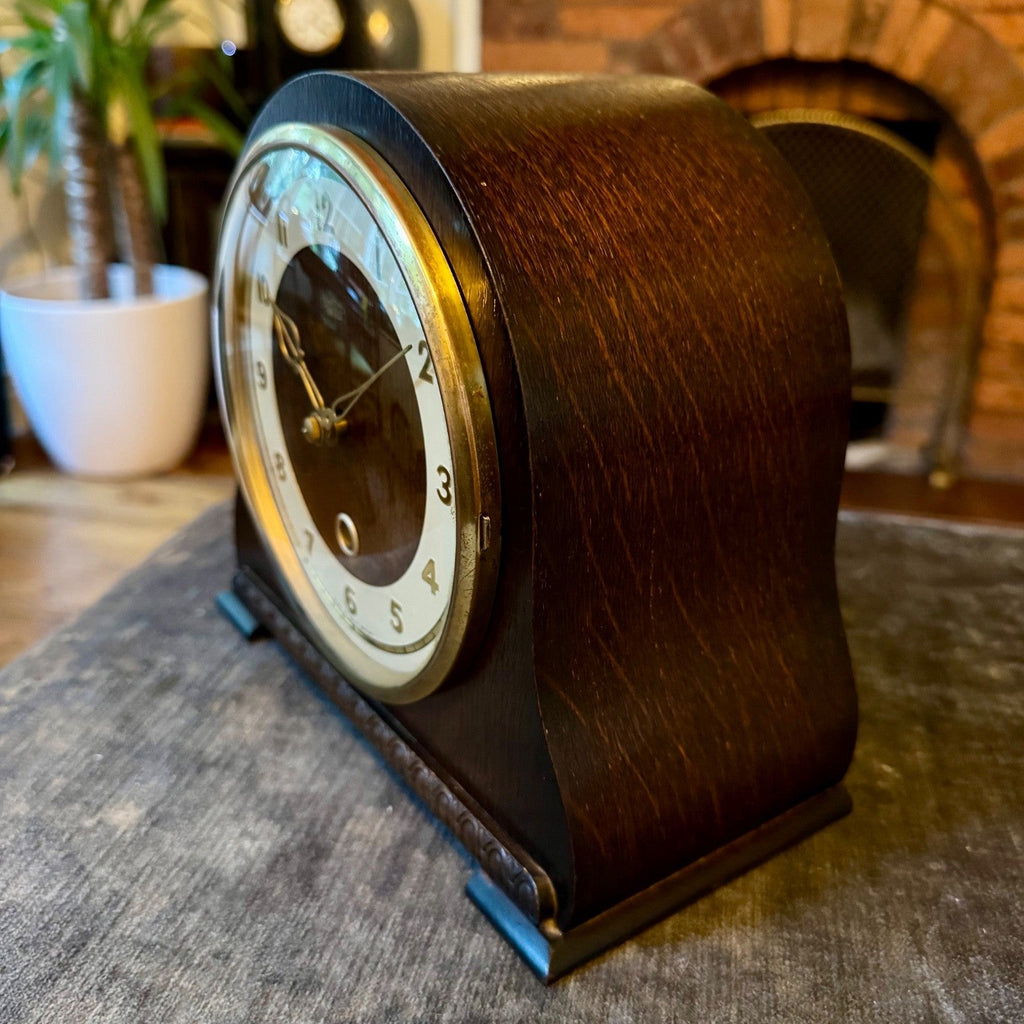 Smiths Enfield Battersea Mantel Clock 1950s Oak Serviced Mechanical Pendulum - Mahn and Co Clock Repairs