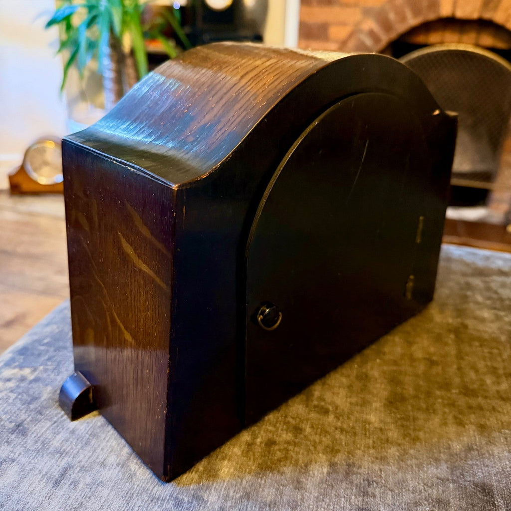 Vintage Enfield Oak Mantel Clock Gong Strike Art Deco English Working - Mahn and Co Clock Repairs