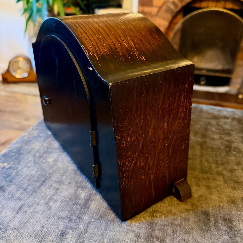 Vintage Enfield Oak Mantel Clock Gong Strike Art Deco English Working - Mahn and Co Clock Repairs