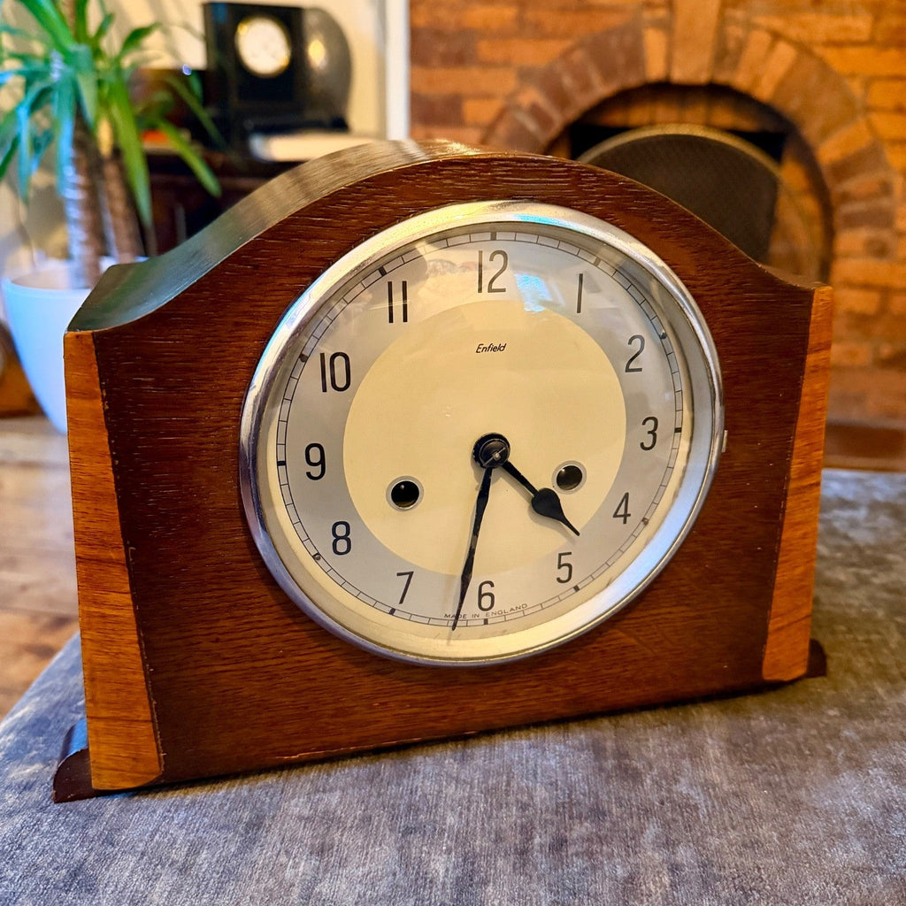 Vintage Enfield Oak Mantel Clock Gong Strike Art Deco English Working - Mahn and Co Clock Repairs