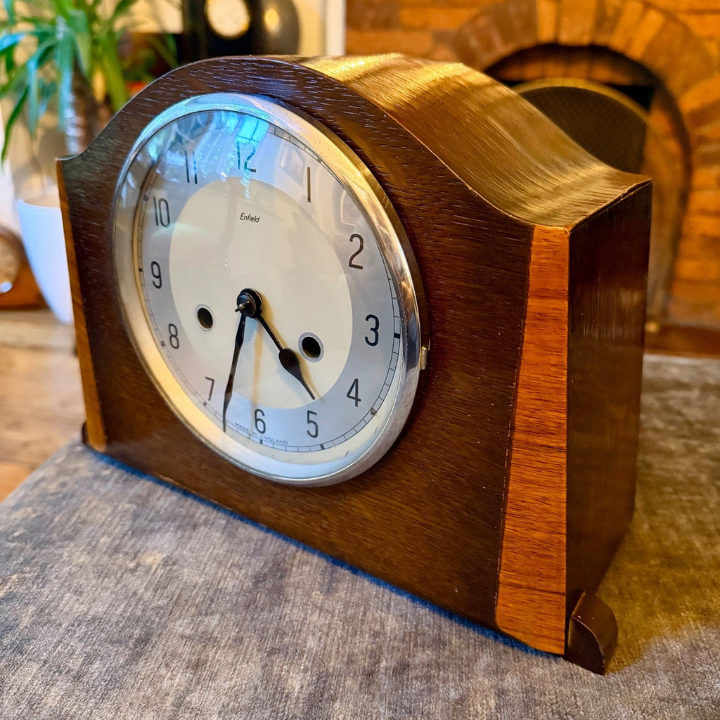 Vintage Enfield Oak Mantel Clock Gong Strike Art Deco English Working - Mahn and Co Clock Repairs