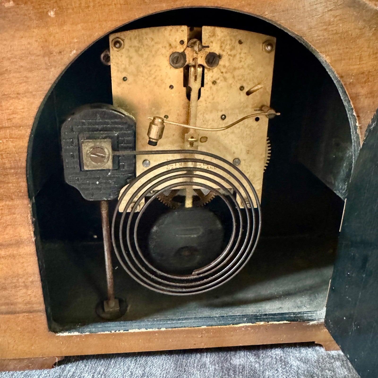 Vintage Enfield Walnut Mantel Clock Fully Serviced 8 Day Gong Strike With Key - Mahn and Co Clock Repairs