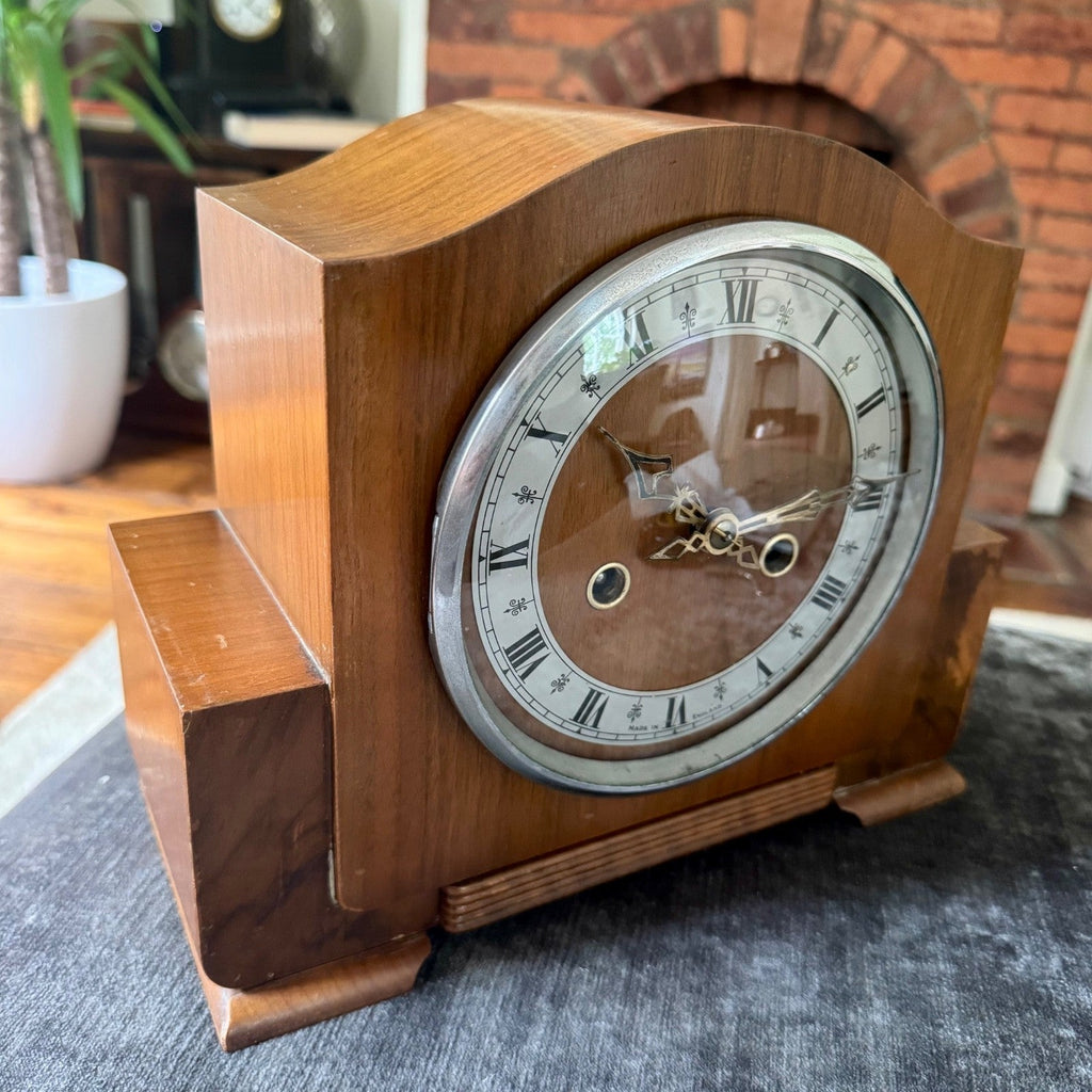Vintage Enfield Walnut Mantel Clock Fully Serviced 8 Day Gong Strike With Key - Mahn and Co Clock Repairs