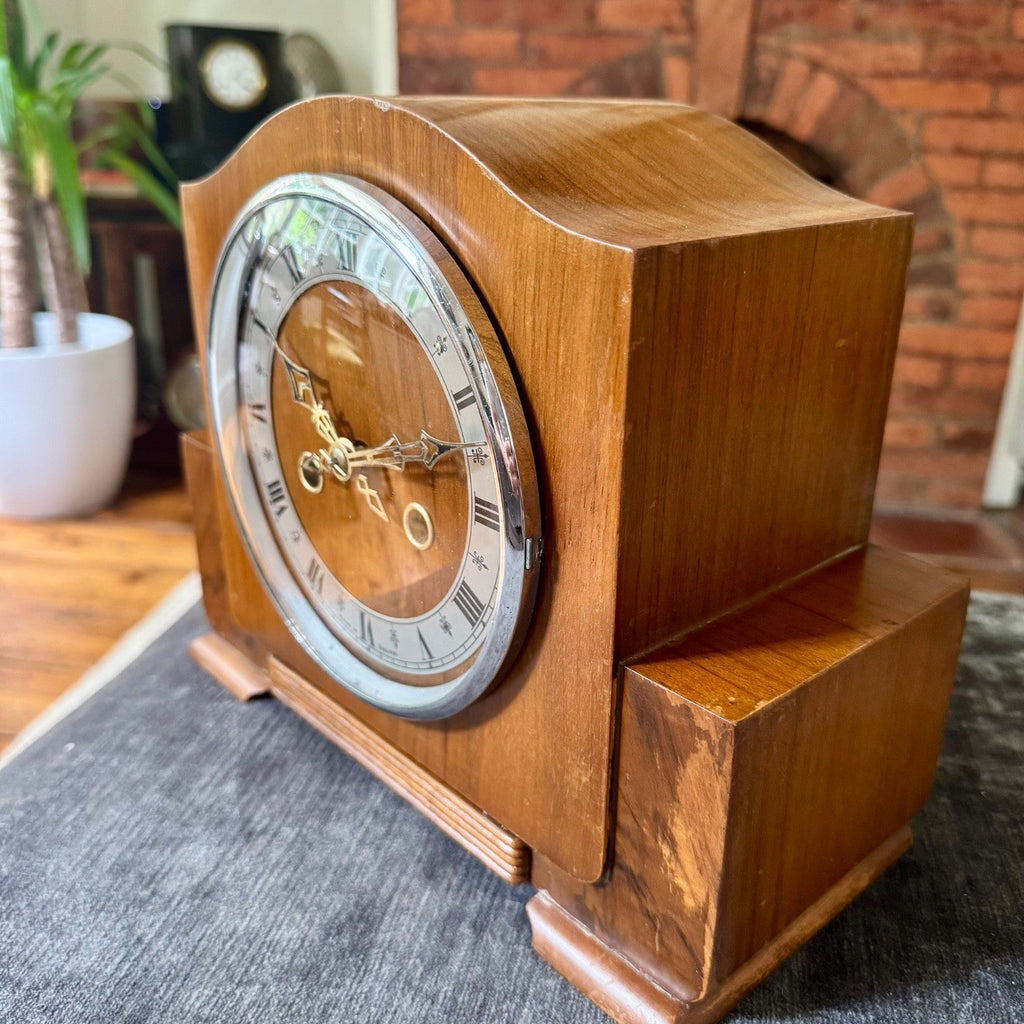 Vintage Enfield Walnut Mantel Clock Fully Serviced 8 Day Gong Strike With Key - Mahn and Co Clock Repairs