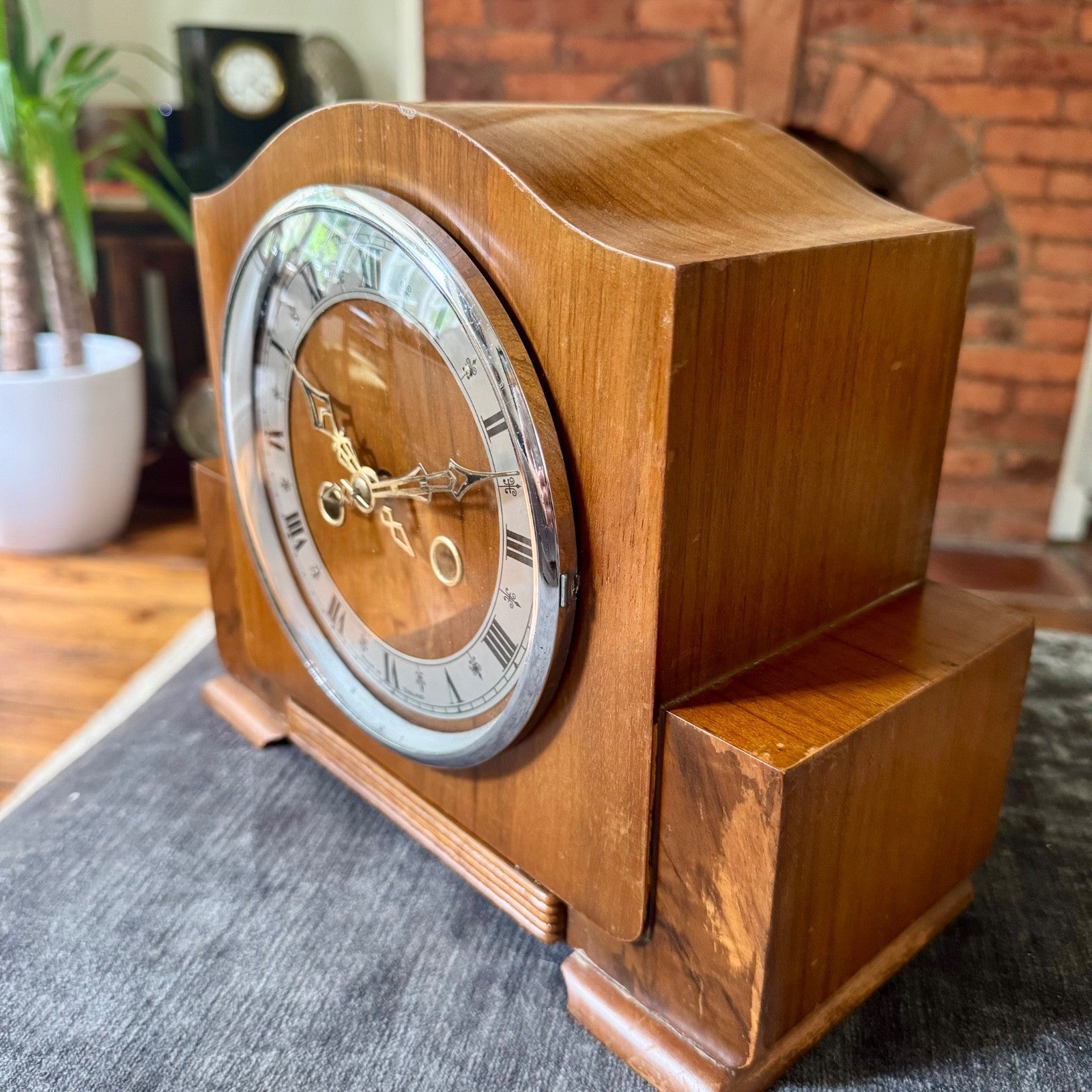Vintage Enfield Walnut Mantel Clock Fully Serviced 8 Day Gong Strike With Key - Mahn and Co Clock Repairs
