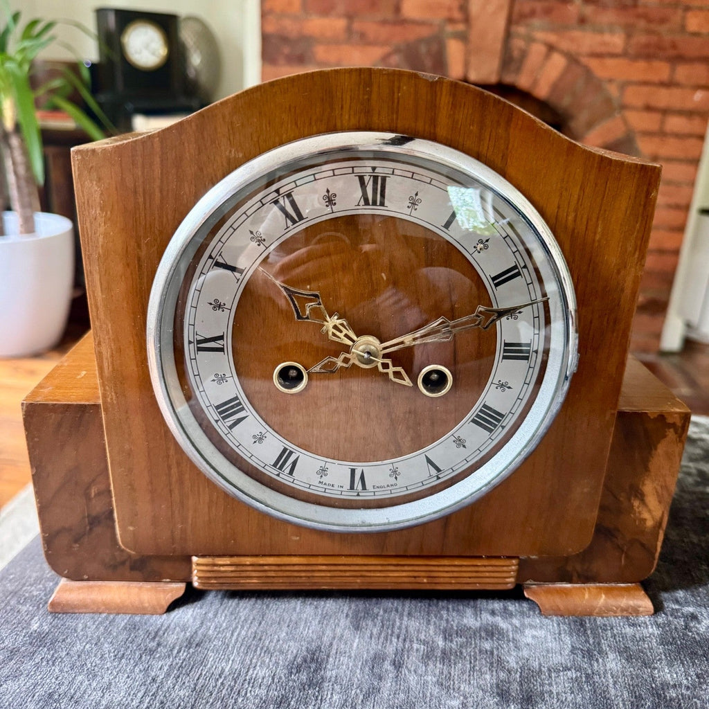 Vintage Enfield Walnut Mantel Clock Fully Serviced 8 Day Gong Strike With Key - Mahn and Co Clock Repairs
