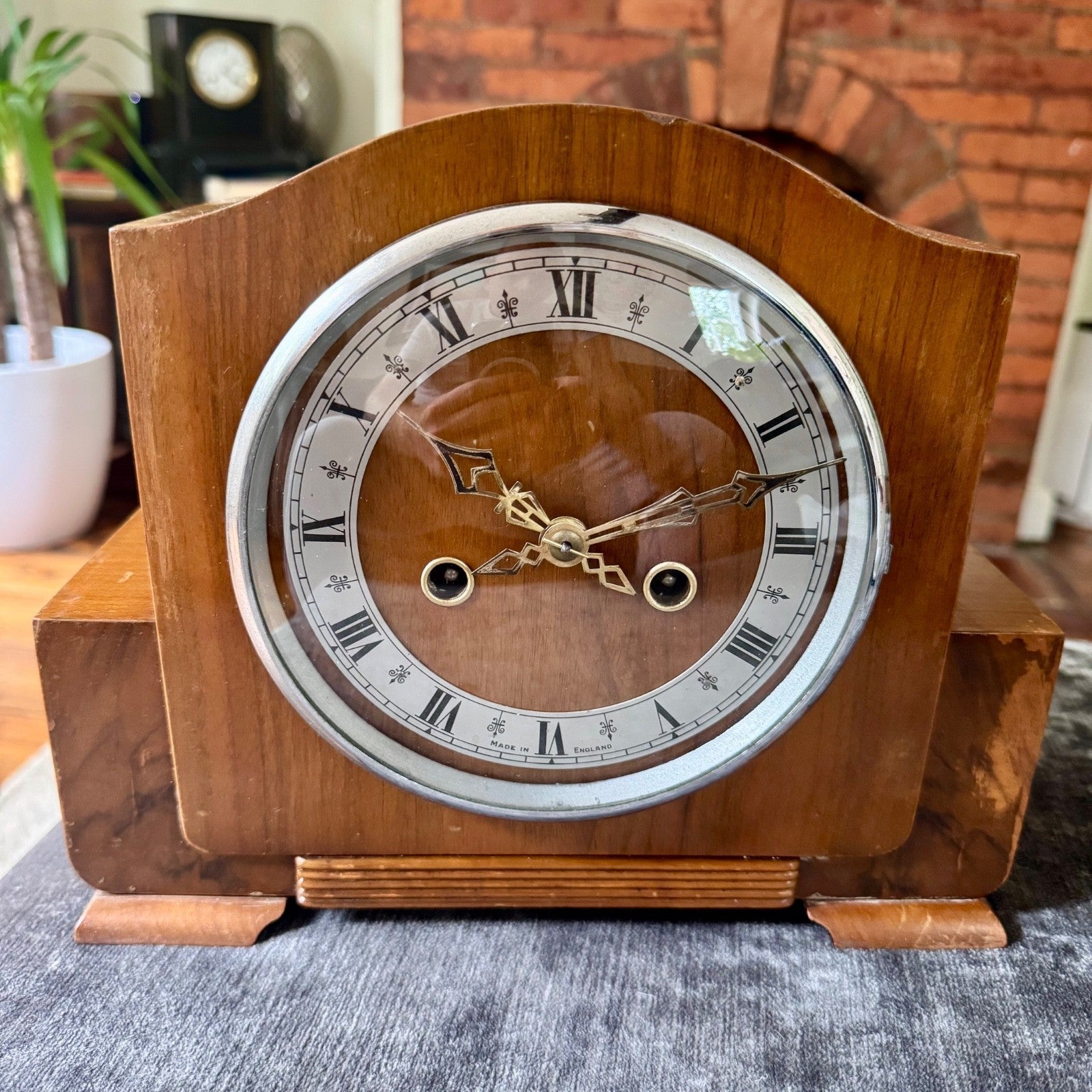 Vintage Enfield Walnut Mantel Clock Fully Serviced 8 Day Gong Strike With Key - Mahn and Co Clock Repairs