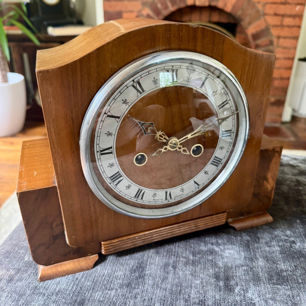Vintage Enfield Walnut Mantel Clock Fully Serviced 8 Day Gong Strike With Key - Mahn and Co Clock Repairs